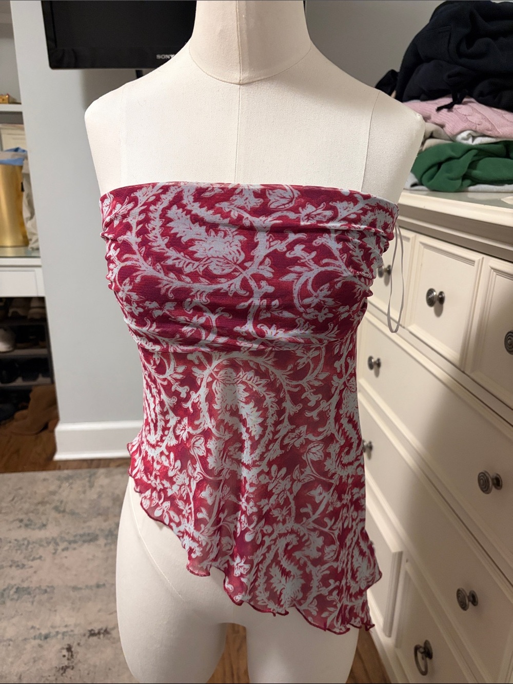 Urban Outfitters Pink and White Strapless Floral Paisley Top